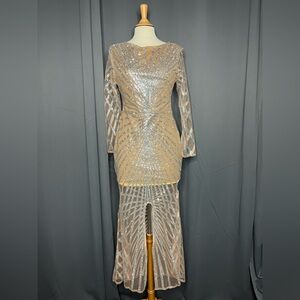 Women’s Sz S Deuyo‎ Tan Sparkling Sequin Sheer Bodycon Evening Dress.
